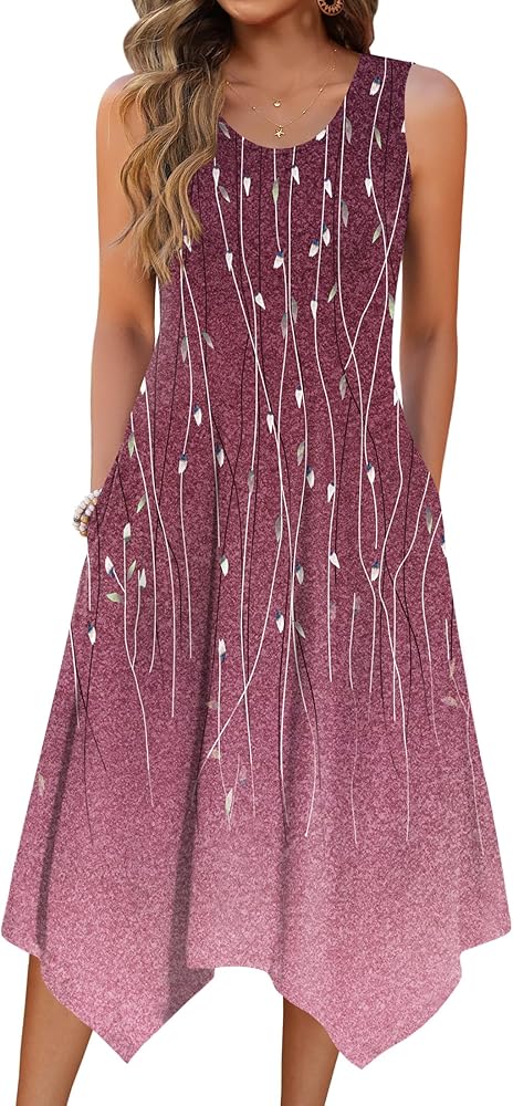 Womens Casual Dress for Summer Tank Dress Loose Flowy Beach Dress with Pockets Hankerchief Flare Midi Sundress 2025